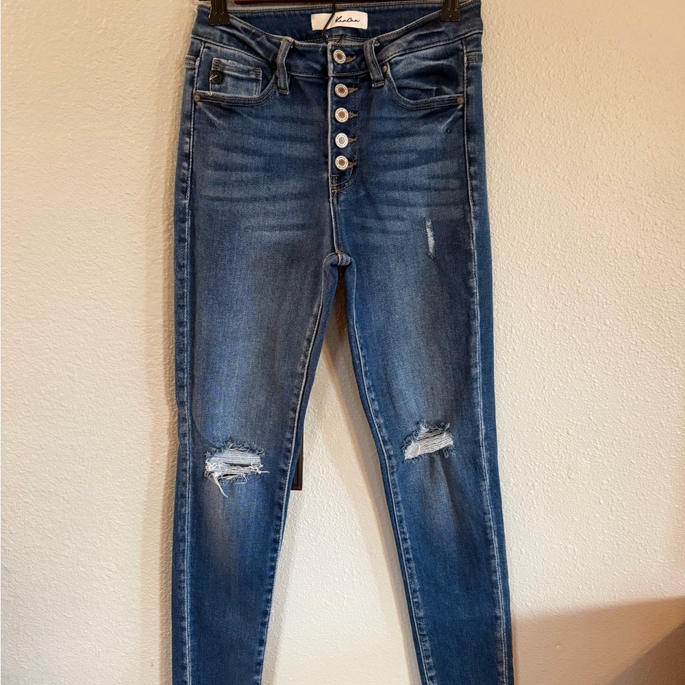 KanCan Button-Fly Distressed Skinny Jeans - Blue